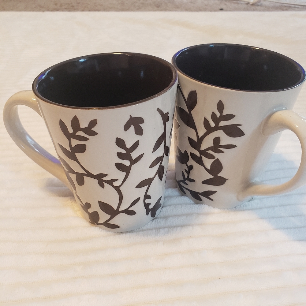 California Pantry Elegant Cream Mugs W/ Brown Floral Pattern 2 Pk